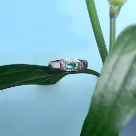 Silver ring with a green gemstone and small diamonds rests on a green leaf with a bright blue sky in the background (outdoors).