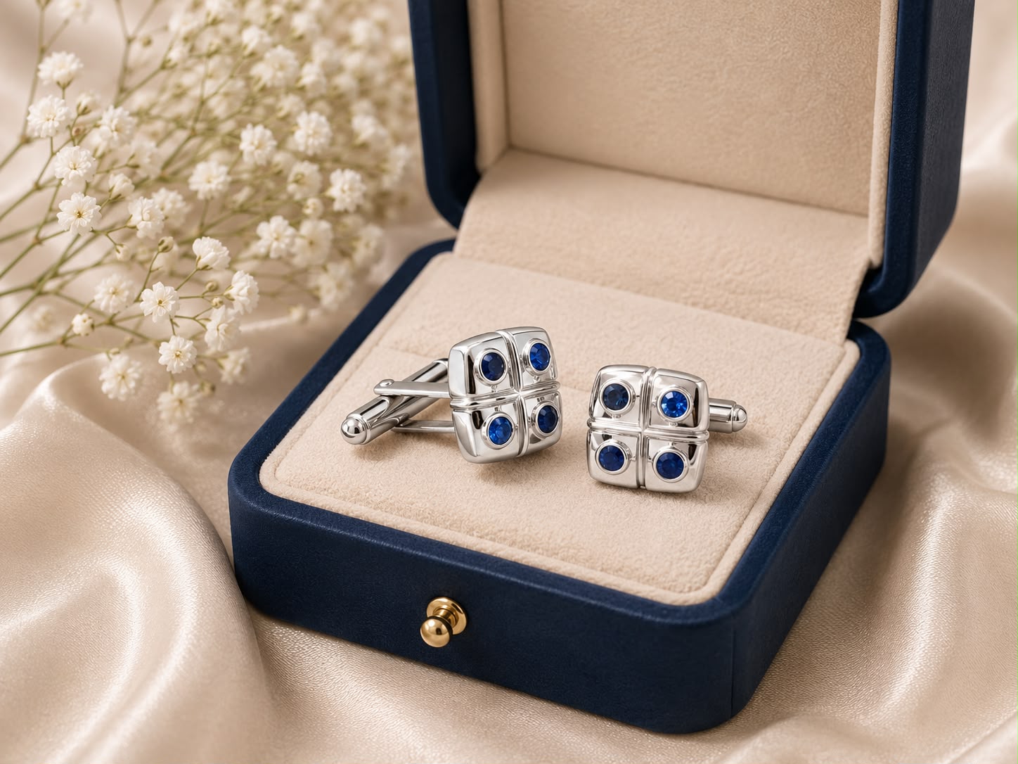 Blue-Sapphire-Cufflinks-2 Silver cufflinks with four blue gems in a navy jewelry box, beige lining, beside white flower sprigs.