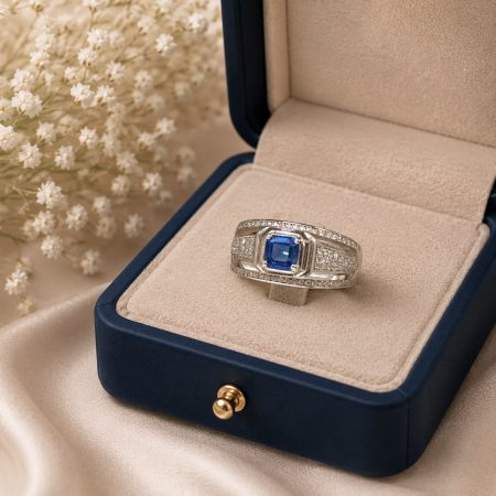 Ring with a blue sapphire centerpiece and diamond-studded band in an open blue jewelry box on pale satin.