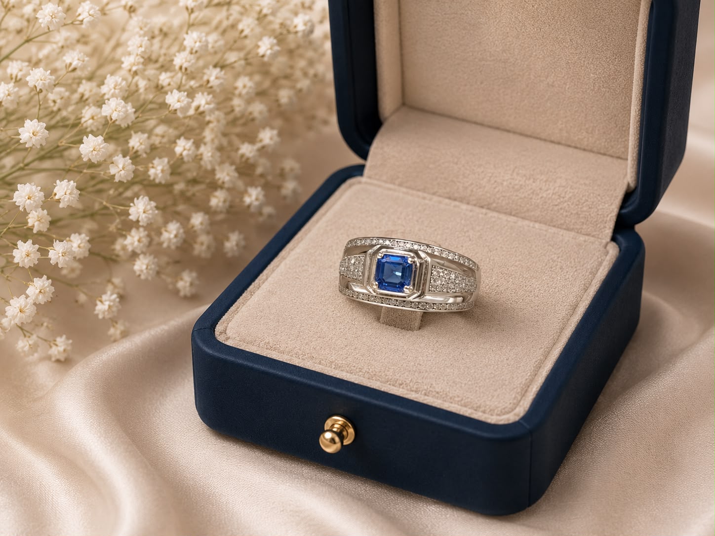Blue-Sapphire-Ring-3 Ring with a blue sapphire centerpiece and diamond-studded band in an open blue jewelry box on pale satin.