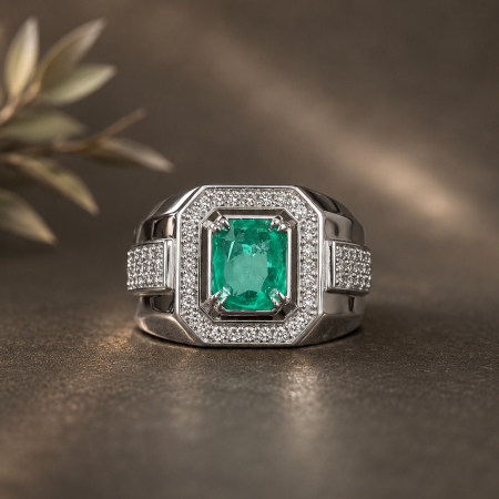 Silver ring with a square emerald center stone surrounded by diamonds on a brown background.