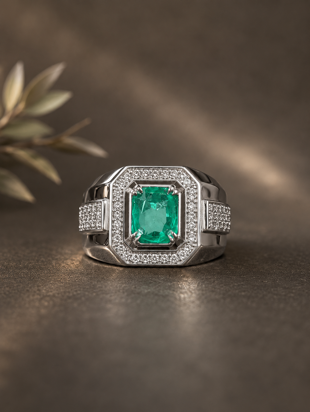 Emerald-ring-2 Silver ring with a square emerald center stone surrounded by diamonds on a brown background.