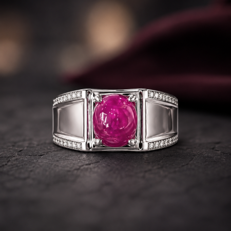 Silver ring with a pink cabochon centerpiece and diamond-studded shoulders across a dark background.
