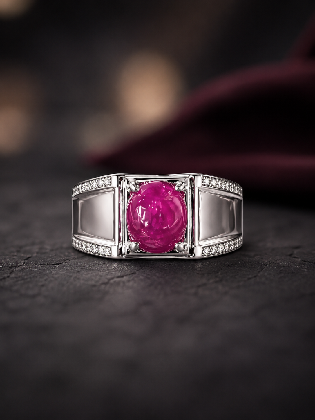 Ruby-ring-3 Silver ring with a pink cabochon centerpiece and diamond-studded shoulders across a dark background.