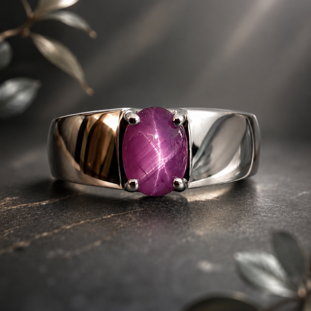 Close-up of a silver ring featuring a vivid pink-purple oval gemstone held by four prongs on a dark textured surface.