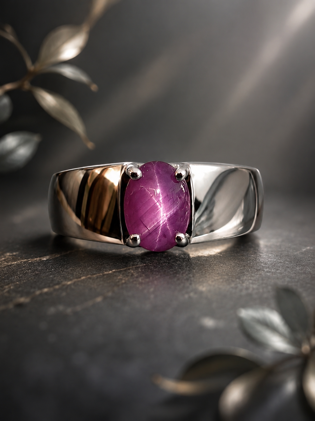 Star-Ruby-Ring Close-up of a silver ring featuring a vivid pink-purple oval gemstone held by four prongs on a dark textured surface.